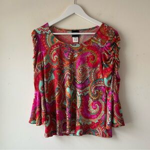 Coco Bianco Womens Pink Paisley Floral Blouse Bell Sleeve Tunic M Ruched Spring